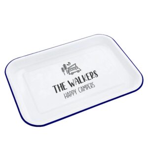 Personalised Camping Enamel Serving Tray - Duncan Stewart 1978 Campervan / Enamel - White with Blue Rim