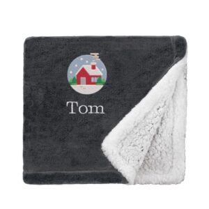 Personalised Cosy Christmas Blanket With Embroidered Festive Cottage Design Mini Sherpa Black