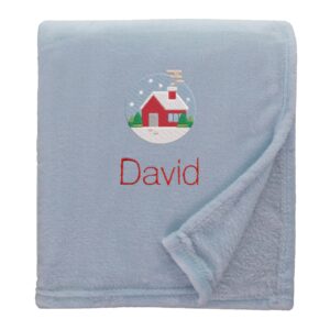 Personalised Cosy Christmas Blanket With Embroidered Festive Cottage Design Shimmering Duck Egg