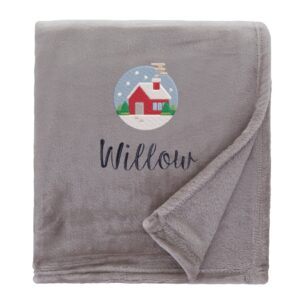 Personalised Cosy Christmas Blanket With Embroidered Festive Cottage Design Shimmering Natural