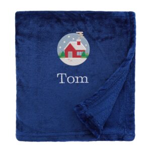 Personalised Cosy Christmas Blanket With Embroidered Festive Cottage Design Shimmering Navy