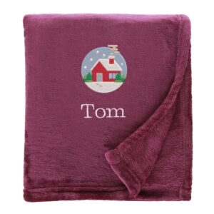 Personalised Cosy Christmas Blanket With Embroidered Festive Cottage Design Shimmering Plum