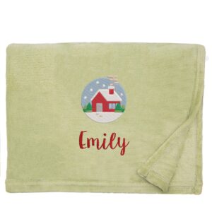 Personalised Cosy Christmas Blanket With Embroidered Festive Cottage Design Snuggle Touch Apple Green