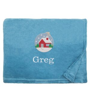 Personalised Cosy Christmas Blanket With Embroidered Festive Cottage Design Snuggle Touch Petrol Blue
