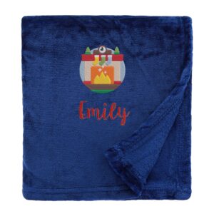 Personalised Cosy Christmas Blanket With Embroidered Winter Fireplace Design Shimmering Navy