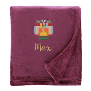 Personalised Cosy Christmas Blanket With Embroidered Winter Fireplace Design Shimmering Plum