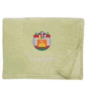 Personalised Cosy Christmas Blanket With Embroidered Winter Fireplace Design Snuggle Touch Apple Green