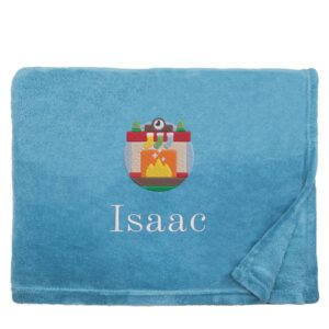 Personalised Cosy Christmas Blanket With Embroidered Winter Fireplace Design Snuggle Touch Petrol Blue