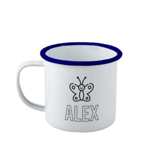Personalised Easter Enamel Mug - Duncan Stewart 1978 Enamel - White with Blue Rim / Butterfly