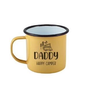 Personalised Happy Camper Enamel Camping Mug - Van Logo Enamel Mug - Yellow with Black Rim