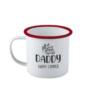 Personalised Happy Camper Enamel Camping Mug - Van Logo Enamel - White with Red Rim