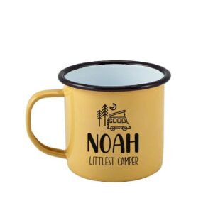 Personalised Littlest Camper Enamel Camping Mug - Van Logo Enamel Mug - Yellow with Black Rim