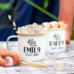 Personalised Littlest Camper Enamel Camping Mug - Van Logo Enamel - White with Grey Rim