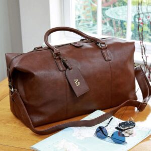 Personalised Luggage Tag And Faux Leather Holdall Set, Brown