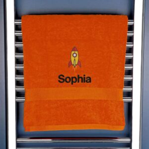 Personalised Rocket Bath Towel - Duncan Stewart 1978 Orange