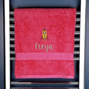Personalised Rocket Bath Towel - Duncan Stewart 1978 Pink