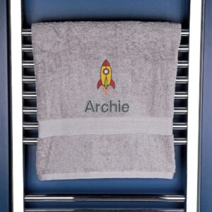 Personalised Rocket Bath Towel - Duncan Stewart 1978 Silver
