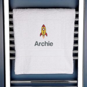 Personalised Rocket Bath Towel - Duncan Stewart 1978 White