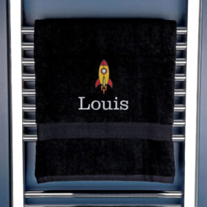Personalised Rocket Bath Towel - Duncan Stewart 1978 Black