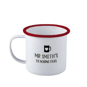 Personalised Teacher Fuel Enamel Mug - Duncan Stewart 1978 Enamel - White with Red Rim