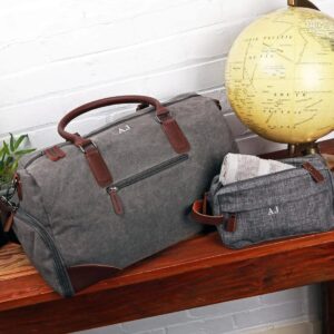 Personalised Vintage Canvas Weekend Holdall Bag With Matching Wash Bag Slate