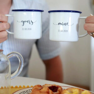 Personalised Yours And Mine Enamel Mug Set Of Two Enamel - White with Red Rim