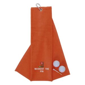 Tri-Fold Golf Towel Embroidered For Nearest The Pin Competition Orange