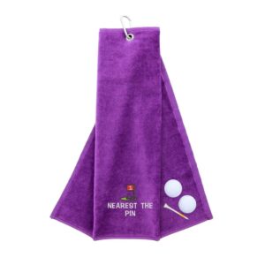 Tri-Fold Golf Towel Embroidered For Nearest The Pin Competition Purple