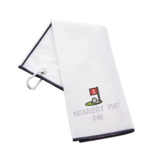 Tri-Fold Golf Towel Embroidered For Nearest The Pin Competition Waffle White