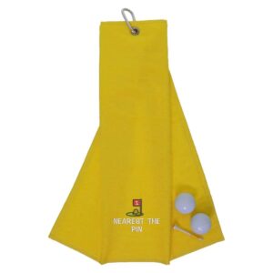 Tri-Fold Golf Towel Embroidered For Nearest The Pin Competition Yellow