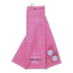 Tri-Fold Golf Towel Embroidered With Cheeky Clean Your Balls Logo | Pink