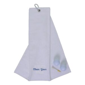 Tri-Fold Golf Towel Embroidered With Cheeky Clean Your Balls Logo | White