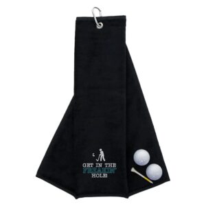 Tri-Fold Golf Towel Embroidered With Get In The Freakin' Hole Logo Black