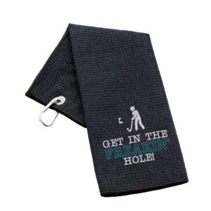 Tri-Fold Golf Towel Embroidered With Get In The Freakin' Hole Logo Waffle Black