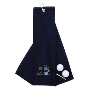 Tri-Fold Golf Towel Embroidered With Hole Is My Goal Logo Navy