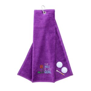 Tri-Fold Golf Towel Embroidered With Hole Is My Goal Logo Purple