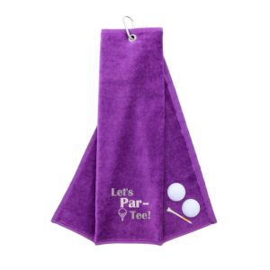 Tri-Fold Golf Towel Embroidered With Let's Par-Tee Novelty Golf Logo Purple