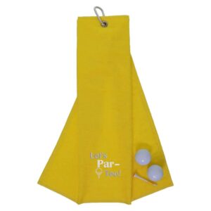 Tri-Fold Golf Towel Embroidered With Let's Par-Tee Novelty Golf Logo Yellow
