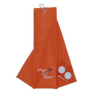 Tri-Fold Golf Towel Embroidered With Par Then Bar Logo Orange