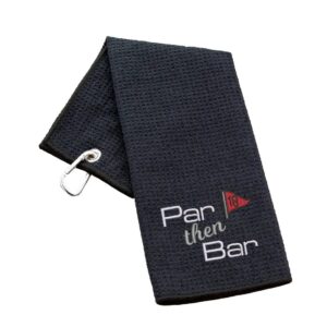 Tri-Fold Golf Towel Embroidered With Par Then Bar Logo Waffle Black