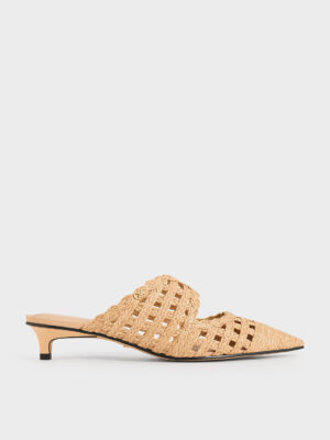 Charles & Keith - Raffia Kitten-Heel Pointed-Toe Mules