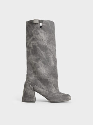 Charles & Keith - Robbie Denim-Effect Platform Knee-High Boots