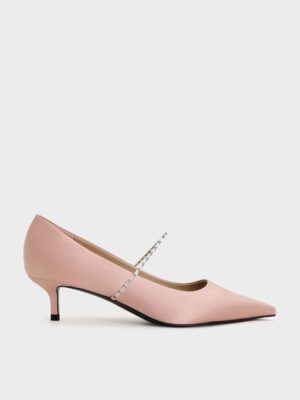 Charles & Keith - Satin Embellished-Strap Pointed-Toe Pumps