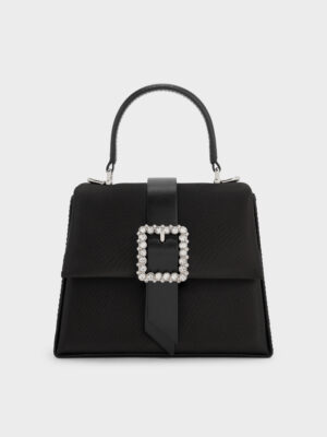 Charles & Keith - Satin Crystal-Buckle Belted Top Handle Bag