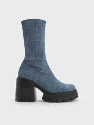 Charles & Keith - Denim Side-Zip Platform Calf Boots