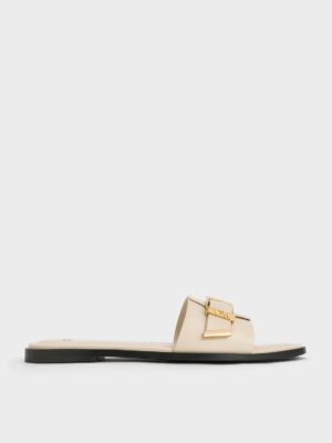 Charles & Keith - Whitney Leather Buckled Square-Toe Slide Sandals