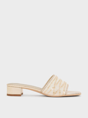 Charles & Keith - Mesh Metallic Sequinned Block-Heel Mules