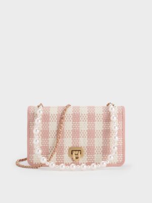 Charles & Keith - Alessia Checkered Pearl-Embellished Wallet on Chain