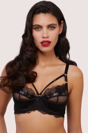 Lottie Black Floral Embroidery Strap Plunge Bra | UK 34DD | Bettie Page Lingerie