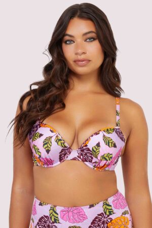 Riley Fuller Bust Mix & Match Pink Palm Print Plunge Bikini Top | UK 36DD | Peek & Beau